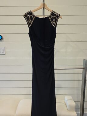 Xscape Black Maxi Dress with Gold Beaded Shoulders